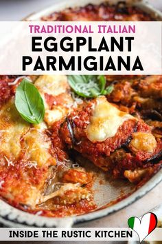 an eggplant parmesan is shown on a plate with the words traditional italian eggplant parm