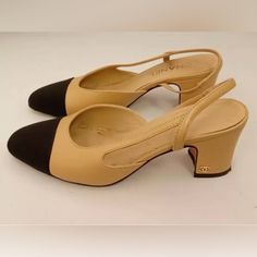 Chanel Two-Toned Leather Slingback Block Heels 38c Chanel Shoes, Black And Tan, Block Heels, Chanel, Heels, Leather, Black