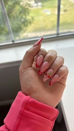 Summer nails cherry red Cherries Nails Acrylic, 3d Cherries Nails, Cherry Acrylic Nails Almond, Nails For Any Occasion, Red Nails Bling Gems, Glitter Cherry Nails, Red French Cherry Nails, Red French Tip Nails With Cherries, Cherry Theme Nails