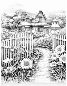 a black and white drawing of a house with flowers in the foreground, behind a picket fence