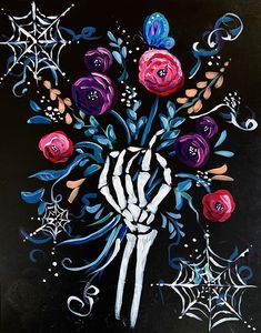 a painting of a skeleton holding flowers and spider webs on a black background,