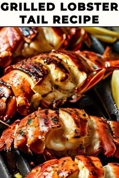 grilled lobster tail recipe on a grill with lemon wedges