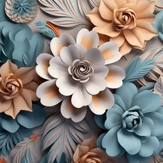 a bunch of flowers that are on top of each other in blue and beige colors