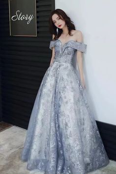 Off-shoulder Ball Gown For Gala And Prom Season, Off-shoulder Ball Gown For Gala During Prom Season, Blue Off-shoulder Ball Gown For Prom, Off-shoulder Tulle Evening Dress For Gala, Light Blue Evening Dress For Prom Banquet, Light Blue Evening Dress For Prom And Banquets, Light Blue Evening Dress For Banquet And Prom Season, Gray Prom Evening Dress For Prom Season, Gray Evening Dress For Prom