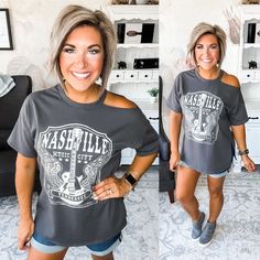 Diy Cold Shoulder Shirt Tees, How To Cut A Concert Tshirt Cute, Cut Up Tshirt Designs, How To Cut A Tshirt Cute, Downtown Nashville Outfits, Cut T Shirt Neckline, Cut Tshirt Designs, Cut Up Tees, Cut Up T Shirt