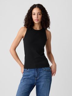 Ribbed High Neck Tank | Gap Factory Ribbed Crew Neck Tank Top For Layering, Black Ribbed Crew Neck Top, Casual Crew Neck Tank Top With Ribbing, Casual Crew Neck Ribbed Tank Top, Ribbed Crew Neck Tank Top, Everyday Crew Neck Tank Top With Ribbed Neckline, Ribbed Crew Neck Tank Top For Everyday, Black Ribbed Tops For Spring, High Neck Tank