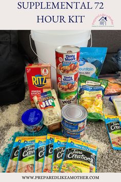 We keep a 5 gallon bucket near our 72 hour kits to have for washing laundry, dishes, to sit on, etc. Instead of letting empty space go to waste we keep extra food in it. 72 Hour Food Kits Ideas, Food For Emergency Kit, Meals For Power Outage, Go Bags Emergency 72 Hour Kits, 72 Hour Kits Checklist, Tornado Preparedness Kit, 72 Hour Kit Food, 72 Hour Kit, 72 Hour Emergency Kit