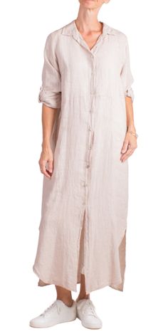 Long Button Down Collared Linen Dress with Cuffed Sleeves. May Be Worn As a Dress Or a Long Jacket. 100% Linen Made in Italy One Size Model 5'8" Nude Outfits, Long Jacket, Linen Dress, Cuff Sleeves, A Dress, New Bag, In Italy, Womens Shirts, Online Store