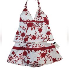 White With Red Floral Print 2 Piece Swimsuit From Jantzen. Halter Style Top With Light Padding. Bottom Is Skirt Style With Side Split. Nwt. Size 12 Red Stretch Tankini For Spring, Fitted One-piece Swimwear For Holiday, Red Tankini For Spring Vacation, Red Tankini For Vacation In Spring, Red Summer Tankini, Red Floral Print Sleeveless Swimwear, Red Printed Tankini For Summer, Fitted White Tankini For Summer, Fitted Tankini For Summer Holiday