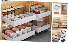 the shelves are organized with dishes and containers