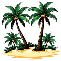 three palm trees in the sand on a white background