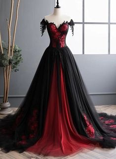 Beaira Black and Red Tulle Long Prom Dress Black and Red Formal Gown Black And Red Wedding, Dark Red Wedding, Dress Black And Red, Gothic Prom Dress, Red Formal Gown, Red Wedding Dress, Gothic Wedding Dress