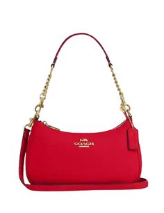 Refined pebble leatherInside multifunction pocketZip-top closure, fabric liningDetachable handle with 8 1/2" dropDetachable strap with 22 3/4" drop for shoulder or crossbody wear9 1/2" (L) x 6" (H) x 3" (W)Style No. CV934Color: Bold Red Coach Teri Shoulder Bag, Shoulder Bag, Red, Fabric