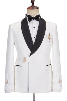 Griffith Stylish White Shawl Lapel Jacquard Wedding Suits | Allaboutsuit White Slim Fit Tuxedo For Wedding, Elegant White Slim Fit Tuxedo, White Slim Fit Blazer For Wedding, Elegant White Groom's Sets, White Fitted Blazer For Ceremony, Elegant White Sets For Groom, White Fitted Tuxedo For Ceremony, Slim Fit Tuxedo For Wedding, Elegant Slim Fit Wedding Suits