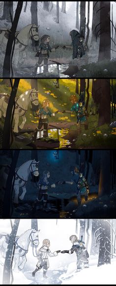 the concept art for an upcoming animated film is shown in three separate panels, each with different scenes