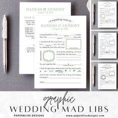 the wedding stationery is laid out on top of each other, with matching papers and pen