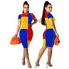 Summer Fashion Contrast Stitch Color Block Women Short Sleeve O Neck Bodycon Midi Dress Color Block Stretch Mini Dress, Stretch Color Block Mini Dress, Fitted Blue Patchwork Midi Dress, Fitted Blue Midi Dress With Patchwork, Summer Patchwork Bodycon Dress, Casual Knee-length Color Block Mini Dress, Fitted Short Sleeve Patchwork Mini Dress, Casual Multicolor Knee-length Bodycon Dress, Patchwork Bodycon Mini Dress