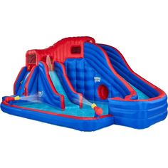 an inflatable water slide that is blue and red