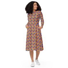 Introducing our All-Over-Print Women's Midi Dress, a fusion of style, comfort, and versatility! 🌟 * 🎨 **300+ Unique Designs Vibrant prints that never fade. * 🌺 **Luxurious Fabric 95% polyester, 5% elastane for a soft, flowy feel. * 👗 **Flattering Fit Fitted waist and flared bottom for a beautiful silhouette. * 🧥 **Long Sleeves Perfect for any season. * 👛 **Pockets Convenient side pockets for essentials. * 👠 **Versatile Ideal for evening parties, date nights, office wear, and casual outing Rainbow Long Sleeve Summer Dress, Fitted Rainbow Print Dress, Long Sleeve Rainbow Summer Dress, Long Sleeve Rainbow Dresses For Summer, Casual Multicolor Print Long Sleeve Midi Dress, Casual Long Sleeve Multicolor Print Midi Dress, Multicolor Rainbow Print Dress, Multicolor Cotton A-line Midi Dress, Casual Multicolor Rainbow Print Dress