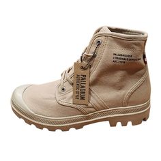 These Palladium Pallabrousse Workwear Shara Army-Style Boot Size 8 Are Cool! They Are New With Tags And In Excellent. They Are Made With Strong Cotton Twill Upper And Thick Rubber Outsole. Boot Height Is A Mid Cut. Insole Is Removeable. The Boot Is Not Waterproof. Boots Do Not Come In Original Box. Size - 8 Us Or 41 Eu Heel Height - 1" Casual Lace-up Boots With Vulcanized Sole, Outdoor Canvas Shoes With Round Toe And Laces, Casual Martin Boots With Rubber Sole And Lace-up, Casual Desert Boots With Round Toe For Streetwear, Casual Streetwear Desert Boots With Round Toe, Beige Flat Heel Lace-up Casual Boots, Beige Flat Heel Lace-up Boots Casual, Casual Ankle Boot Sneakers With Laces, Casual Beige High-top Lace-up Boots