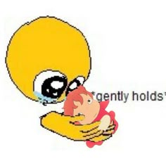 an image of a cartoon character holding a doll with the caption frequently holds it