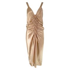 John Galliano, old Hollywood glamourous gold satin evening dress with a plunge V neckline and chiffon woven shirred center front, The back features a row of working self buttons & loops. Amazing dress of silky satin the design has a touch of the 1930s. Some scattered marks inside, which are not seen from the outside. Marked size 6. The label is missing, the size & content tag are present. Guaranteed authentic. In excellent wearable condition. All our clothing is dry cleaned and inspected for con Galliano Satin Skirt, Dior Vintage Dress John Galliano, John Galliano Slip Dress, John Galliano 2007, John Galliano 2009 Fall, Satin Evening Dresses, Gold Satin, John Galliano, Old Hollywood