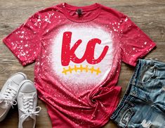 Kansas City Chiefs bleached heather read tee on a gildan softstyle unisex tee, fits true to size Kc Chiefs Shirts, Chiefs Shirts, Bleach T Shirts, Kc Chiefs, Kansas City Chiefs, Shirt Ideas, Kansas City, Unisex Sweatshirt, Kansas