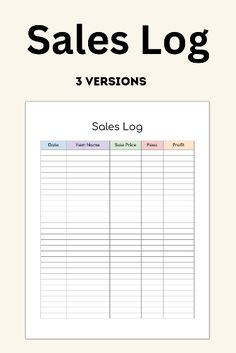 sales log with 3 versions in the bottom right hand corner, and three rows on each side