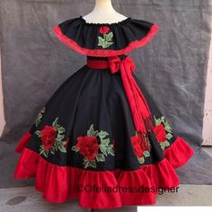 Cotton Fabric With Elastic In The Waist And Arms Include Rebozo Mexican Dresses For Kids, Dresses Poofy, Mexican Dresses Traditional, Mexican Traditional Clothing, Folklorico Dresses, Mexico Dress, Dress With Embroidered Flowers, Kids Maxi, Traditional Mexican Dress