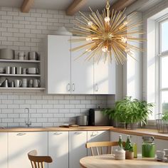 a kitchen with white cabinets and wooden table in front of a large window that looks out onto the outdoors