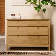 a wooden dresser sitting next to a wall with a potted plant on top of it