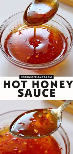 spoon full of hot honey sauce on top of a glass bowl