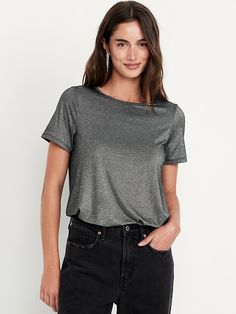 Luxe Shine T-Shirt | Old Navy Fitted Short Sleeve Top With Ribbed Neckline, Casual Fitted Crew Neck T-shirt, Fitted Summer T-shirt With Ribbed Neckline, Fitted Scoop Neck T-shirt For Fall, Solid Color Fitted Crew Neck Short Sleeve Top, Casual Short Sleeve Knit Top, Everyday Stretch Crew Neck Knit Top, Fitted Scoop Neck T-shirt With Ribbed Neckline, Fitted T-shirt With Ribbed Neckline For Everyday