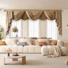 a living room filled with lots of furniture next to a window covered in drapes