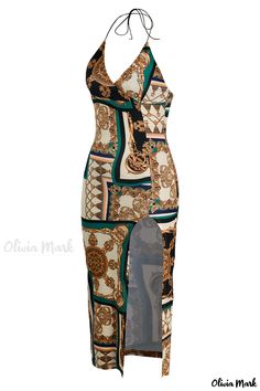 Olivia Mark - Vestido clásico con falda lápiz estampado marrón y elegante escote halter alto Chic Multicolor Bodycon Dress, Chic Fitted Printed Midi Dress, Chic Printed Midi Dress For Night Out, Pencil Skirt Dress, Classic Brown, Printed Pencil Skirt, Skirt Dress, Halter Neckline, Olivia Mark