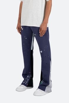 the Contrast Bootcut Sweatpants are designed with a relaxed fit throughout, featuring an elasticized self waist and leg opening, multi-colored paint splatter throughout, and finished with denim and contrasting panels at the inseam and outseam to provide a flare at the leg opening. details relaxed fit flared leg opening 55% cotton 45% polyester model is 6’1, 140 lbs and wears a size medium Bootcut Sweatpants Outfit, Bootcut Sweatpants, M65 Jacket, Sweatpants Outfit, Fuzzy Cardigan, Denim Patches, Streetwear Men Outfits, Denim Flares, Paint Splatter