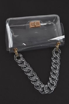 shoulder chain included turn lock closure acrylic chain stadium approved size: 8.25" width, 2.75" depth, 5" height Trendy Evening Jewelry With Chain Strap, Trendy Clear Jewelry With Chain, Party Jewelry With Plastic Chain, Transparent Purse, Personalised Jewellery Necklaces, Convertible Bags, Planner Book, Shoulder Chain, Clear Bags