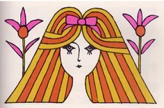 a drawing of a woman with long hair and pink flowers in her hair, wearing a bow