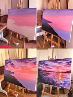 multiple pictures of paintings on easels in different stages of being painted by the artist