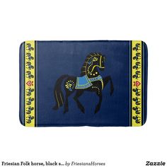 a blue rug with a black horse on it's side and yellow trim around the edges