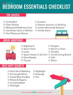 the bedroom essentials checklist is shown in red and blue, with an arrow pointing to