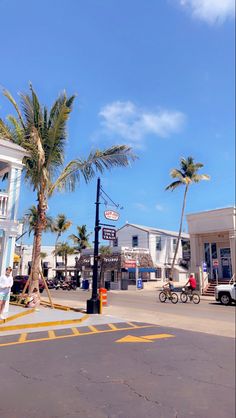 palm trees line the street in front of small shops on an ocean side town square