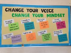 a bulletin board with notes on it that says change your voice, change your minds