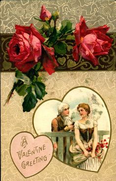 a valentine's day card with roses and a couple sitting on a bench next to each other