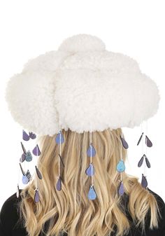 Silver Lining How unusual! A small cloud appears to have floated down from the upper atmosphere and made itself at home on your head. This means that you always have your own personal rainstorm gusting around your ears, but on the plus side, it makes you look extra fabulous fabulous.  Product Details Have the best accessory under the sun (so to speak) when you wear your exclusive Adult Sherpa Light-Up Rain Cloud Costume Hat! The polyester sherpa hat is stuffed with fiberfill to make it look like Rain Headpiece, Rain Cloud Costume, Cloud Hat, Sherpa Hat, Sea Creature Costume, Cloud Costume, Fairy Hat, Unusual Hats, Shiny Black Leggings