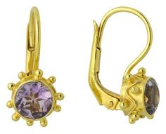 This amethyst is resplendent in its gold granule settings Hand-crafted of 24k gold over sterling silver. European backs. Size: 5/8 Inch. Gold Amethyst Round Earrings, Gold Amethyst Gemstone Earrings, Gold Amethyst Earrings With Gemstone Accents, Maid Marian, Lapis Earrings, Hot Jewelry, Spring Jewelry, Design Earrings, Amethyst Earrings