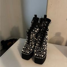 Beautiful Brand New Azalea Wang Platform Boots I’m Selling Because I Can’t Adjust My Feet To This Height Of Shoe. There Are Rhinestones Everywhere On The Boots Great For A Party Event Etc. Dollskill Shoes Tragic Beautiful, Mid Heel Ankle Boots, Azalea Wang, Fringe Booties, Western Women, Because I Can, Swim Shoes, Faux Leather Heels, Clarks Women's