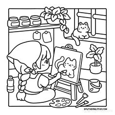 a girl is painting in the kitchen with her cat and dog coloring pages for kids