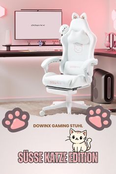 an office chair with pink paw prints on the back and sides, sitting in front of a computer desk