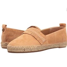 Cute And Fashionable Slip On Suede Espadrilles. Have A Cute Fringe Design In Front And Rubber Sole. Casual Straw Espadrilles, Casual Closed Toe Straw Espadrilles, Suede Slip-on Espadrilles For Summer, Suede Espadrilles With Woven Sole For Vacation, Vacation Suede Espadrilles With Textured Sole, Chic Suede Slip-on Espadrilles, Suede Flat Heel Espadrilles For Vacation, Spring Suede Espadrilles For The Beach, Suede Closed Toe Espadrilles For Beach